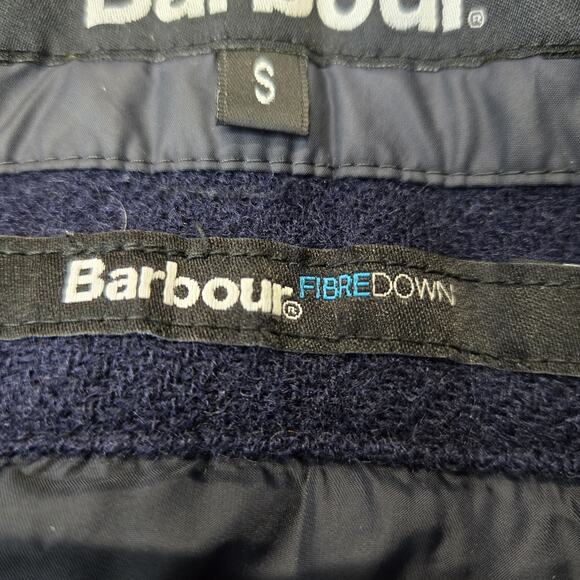 Barbour Great Coat Mens Small Navy Blue Mid Length Fibre Down Quilted Flawed - Picture 5 of 16